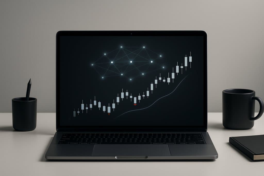 Minimalist, high-contrast desktop scene showing a sleek laptop on a clean desk with a dark-mode screen displaying a simplified candlestick chart and a smooth trend line, no axes or numbers.