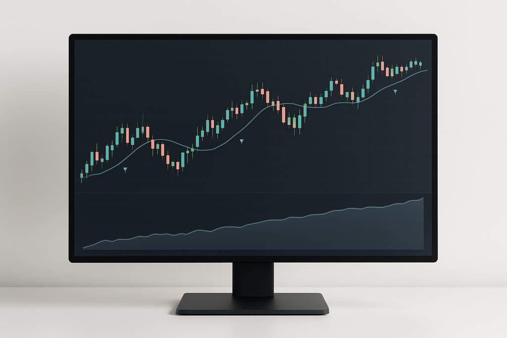 A clean, modern desktop monitor displaying a minimalist trading platform: a large central candlestick chart with two smooth moving average lines and subtle buy/sell arrow markers at select candles; below it, a simple equity curve panel showing a steady line and a lightly shaded drawdown area beneath the line.