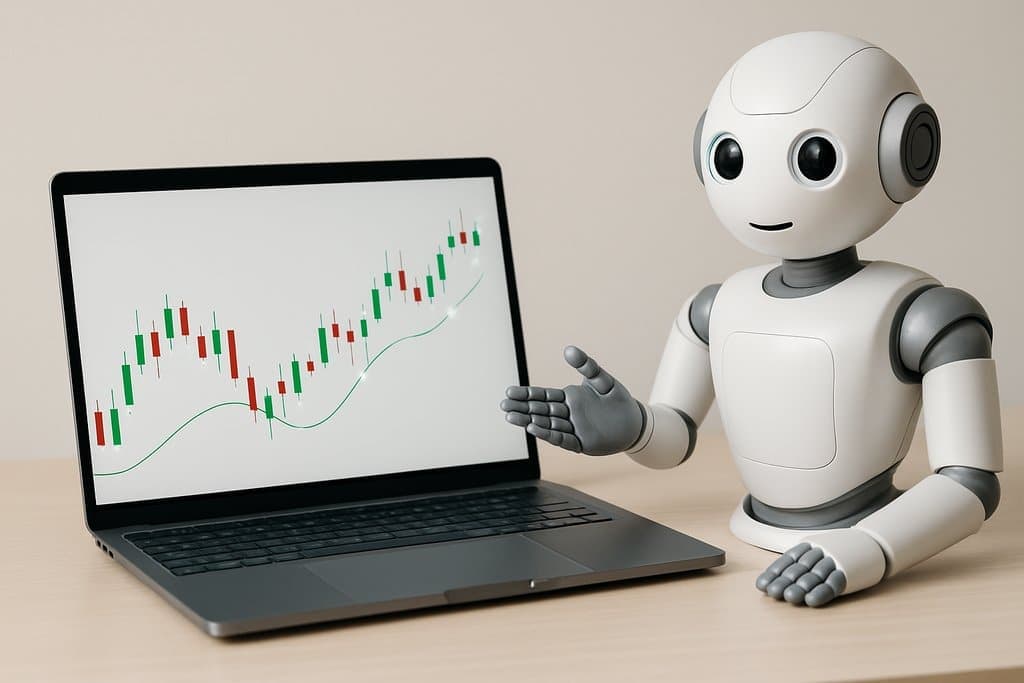 Clean, minimalist scene with a laptop displaying a green-and-red candlestick chart with smooth curve overlay and a friendly robot assistant gesturing toward the screen.