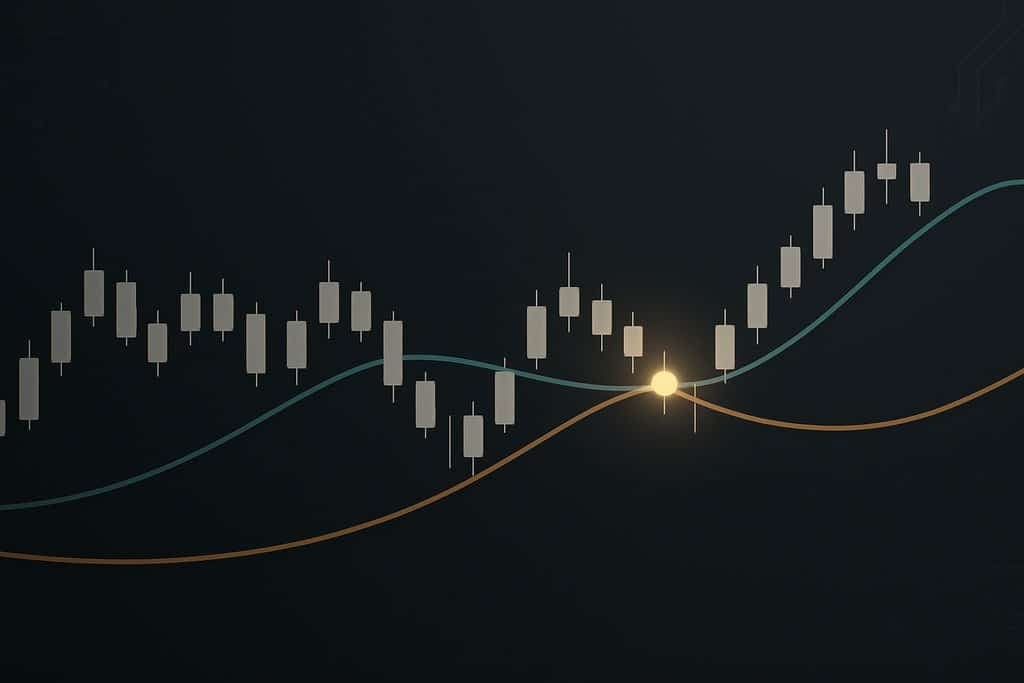 A clean, minimalist forex candlestick chart on a dark background showing a clear moving-average crossover trend-following strategy: two smooth lines (one fast, one slow) glide over the candles and intersect, with a soft highlight at the crossover point.