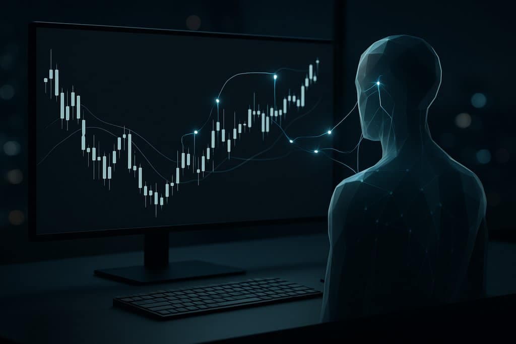 Minimalist dark-mode trading workstation: a bezel-less ultra-wide monitor displays a clean candlestick chart with smooth, evenly spaced candles and subtle moving average lines; a translucent, geometric humanoid robot silhouette stands in the foreground with soft blue neural-network strands connecting to select candles, indicating decision points via glowing dots and arrow-like shapes; clean desk with a keyboard and mouse, muted steel and charcoal palette with cyan accents, soft rim lighting, slight city-night bokeh in the background; no text or digits anywhere on screen or objects.