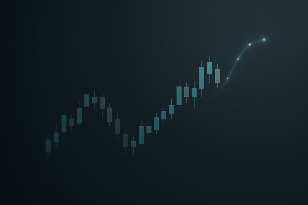 Minimalist dark-theme trading screen close-up: a clean candlestick chart in muted teal and gray with a smooth, semi-transparent prediction curve gently projecting forward from the latest candles; small, subtle glow points along the curve hint at neural network inference; soft vignette, lots of negative space, no axes, no labels, no numbers, no text, no logos; sleek, modern UI aesthetic with crisp lines and restrained color palette.