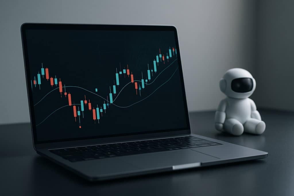 Photorealistic, minimalist workstation scene: a sleek, thin laptop on a clean matte-black desk in soft cool lighting, displaying a dark-mode crypto candlestick chart with teal and red candles, two smooth moving-average lines, and small glowing arrow markers indicating automated trades; a faint, translucent neural-network mesh subtly overlays part of the chart to imply AI analysis.