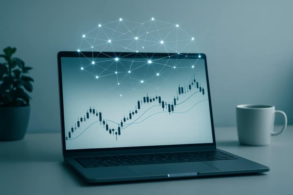 Minimalist workspace: a clean laptop on a desk shows a stripped-down candlestick chart with two moving averages — the image of a quiet, automated trader at work.