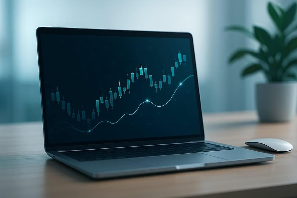 A clean, modern desk scene with a slim laptop open to a simplified trading interface: a dark chart area showing smooth candlestick bars and a flowing line graph, with subtle glowing nodes and faint neural-network lines overlaying the chart to suggest AI analysis.
