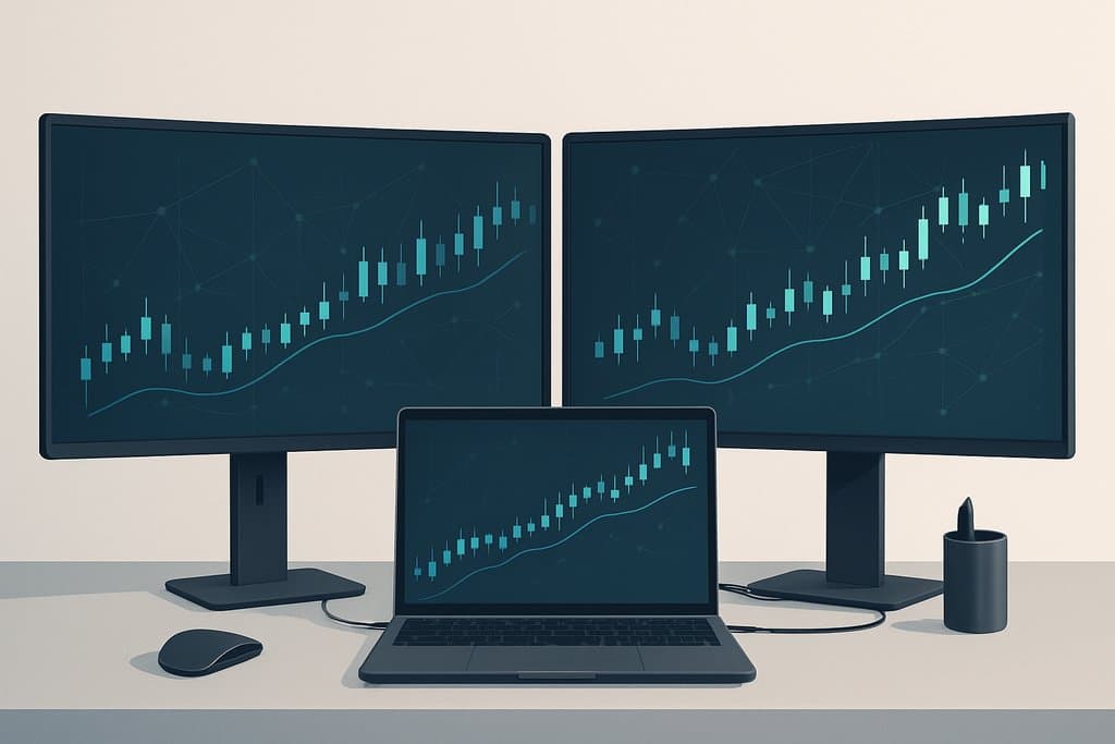 Minimal, modern illustration of an algorithmic trading workstation: a clean desk with a slim laptop connected to two ultra-wide monitors.