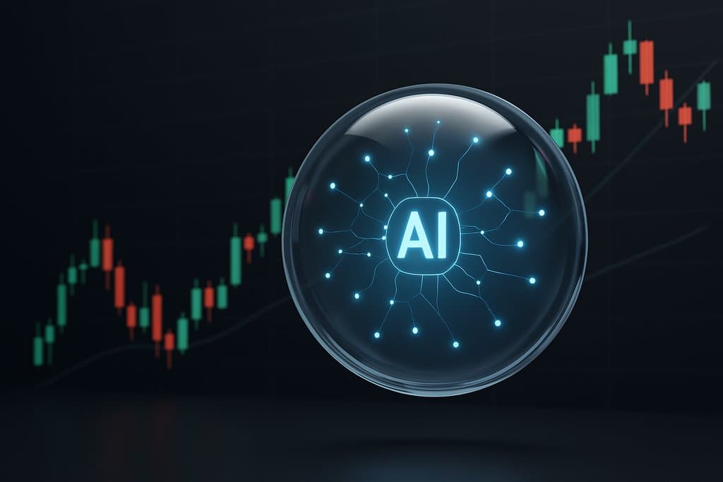 Minimalist 3D render of a sleek, transparent AI orb hovering in front of a clean, dark trading chart with simple green and red candlesticks and two subtle, smooth trendlines.