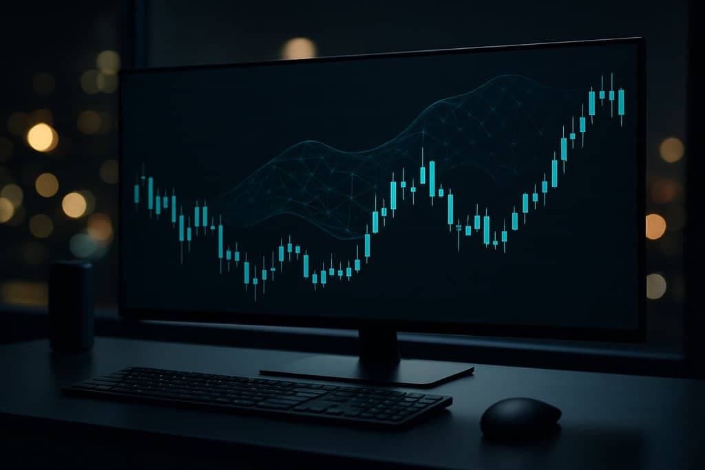 A clean, modern dark-mode trading setup on a minimalist desk with a single ultrawide monitor showing an uncluttered candlestick chart and a subtle, semi-transparent neural-network mesh overlaying the price action; soft teal and electric blue accents on the lines, minimal grid, no labels or numbers; ambient night city bokeh in the background, shallow depth of field, reflective black keyboard and mouse, overall sleek and professional aesthetic with plenty of negative space and no text anywhere.