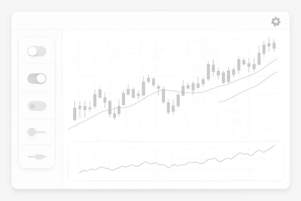 A clean, minimalist light-theme trading platform dashboard with a candlestick chart, side panel of icon toggles, and a mini equity curve.