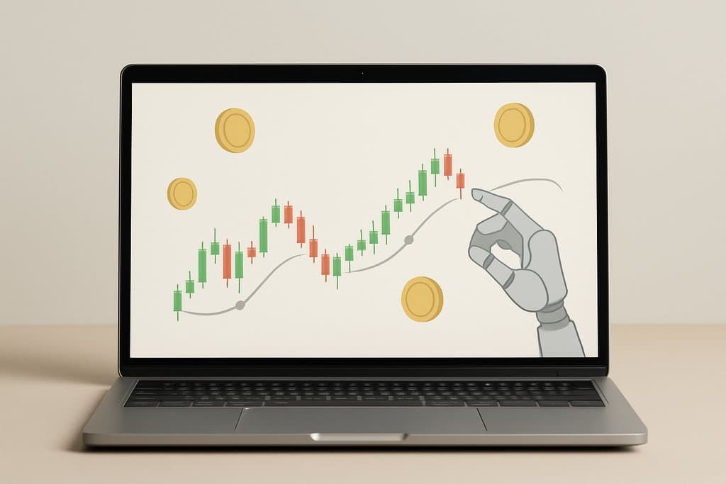 A clean, minimalist scene of a laptop on a neutral desk showing a simplified crypto chart: soft green and red candlesticks with a single smooth moving-average line, a few subtle circular markers for buy/sell points, and a stylized robotic hand or arm gently hovering near the chart to imply automation.