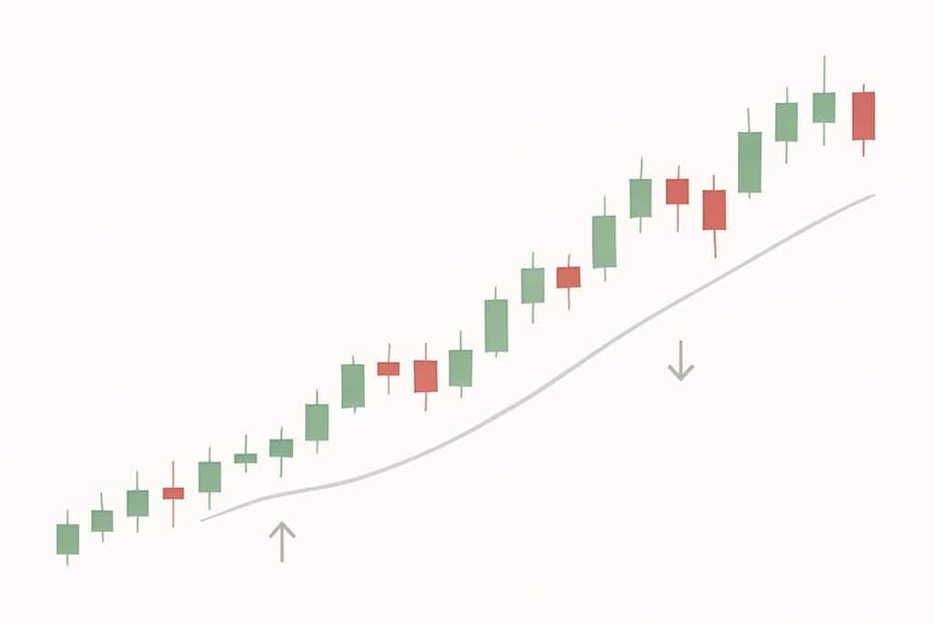 A clean, minimalist candlestick chart on a white background showing a gentle uptrend with evenly spaced green and red candles.