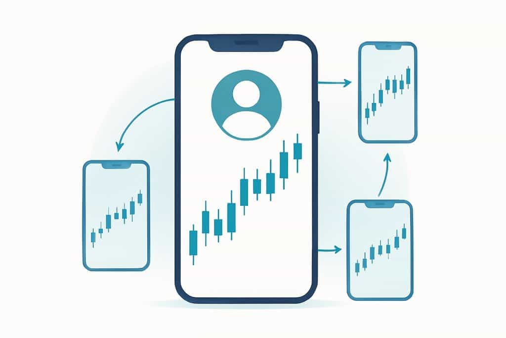 Minimalist illustration of copy trading concept: a central modern smartphone displaying a clean, simplified candlestick chart and a large abstract avatar badge, with three smaller phones around it connected by thin curved lines and arrowheads indicating mirroring.