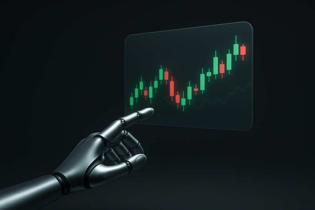 Minimalist 3D scene of a sleek, silver robotic hand reaching toward a semi-transparent holographic candlestick chart floating in dark space.