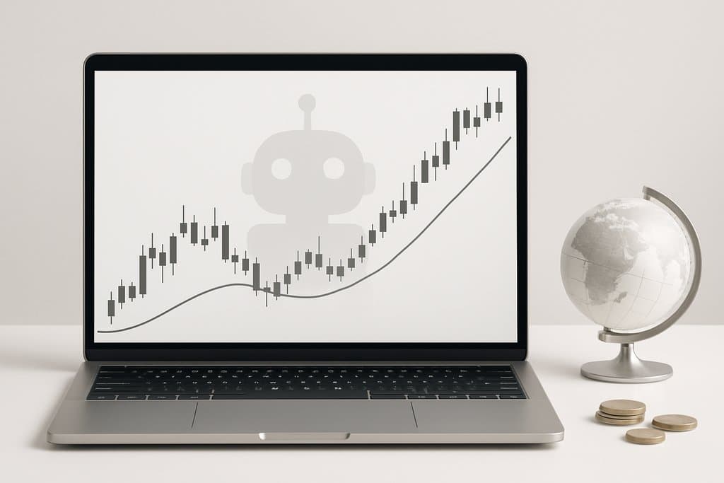 A clean, modern desktop setup with a slim laptop on a minimalist white table.