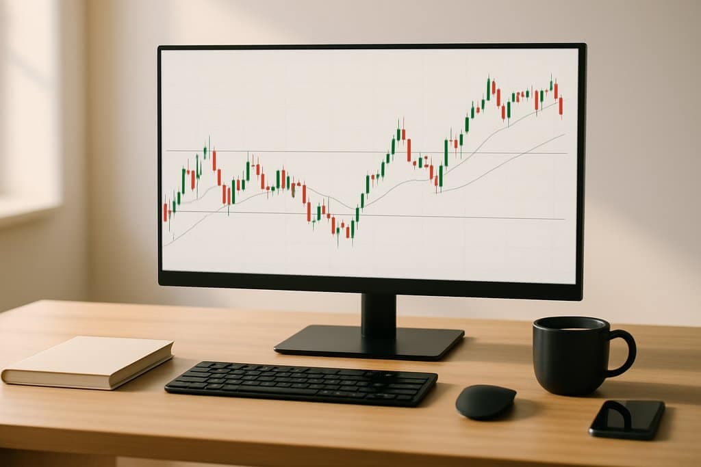 Photorealistic scene of a minimalist day-trader desk in natural morning light: a single widescreen monitor displays a clean forex candlestick chart with green and red candles, two smooth moving-average lines, and simple horizontal support/resistance lines; no labels, text, or numbers.