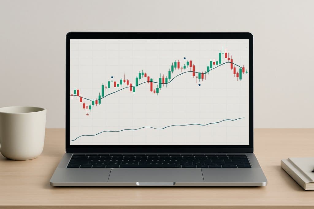 Minimalist, clean desktop scene focused on a laptop screen displaying a forex candlestick price chart with a simple moving average line, a few clear buy/sell arrow markers and small circular exit markers along the candles, plus a compact secondary panel below showing a smooth equity curve line.