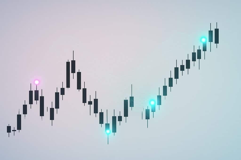 Minimalist, clean composition showing a dark-themed candlestick chart against a soft gradient background, with no axis labels or numbers.