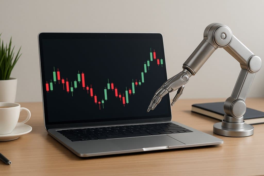 A clean, modern desktop workspace with a slim laptop displaying a simplified forex candlestick chart in green and red on a dark theme, with no axis labels, numbers, or text.