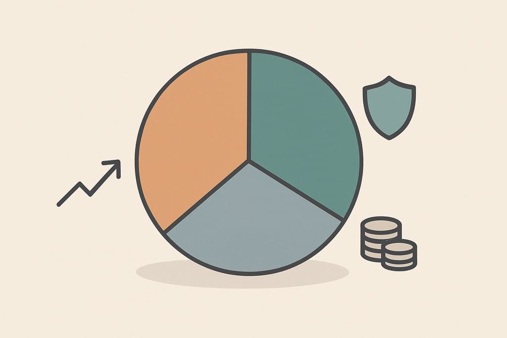 Minimalist flat vector of a diversified portfolio: a simple three-slice pie chart in distinct, muted colors, each slice subtly associated with a clean icon placed just outside the pie (an upward arrow for stocks, a shield for bonds, a small stack of coins for cash).