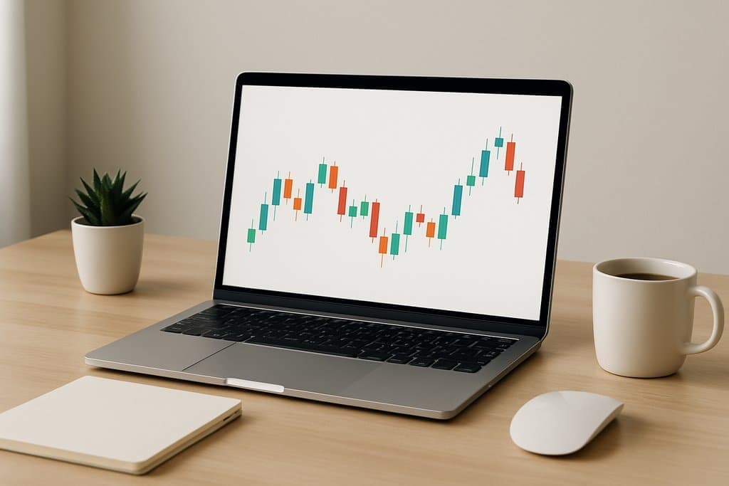 A clean, minimalist home workspace with a laptop displaying a simple candlestick chart on a plain white canvas.