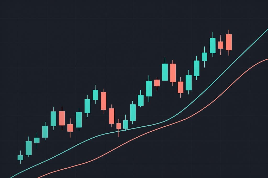 Minimalist vector illustration of a clean candlestick price chart with two smooth moving average lines crossing over the candles, set on a dark charcoal background with a faint, subtle grid.