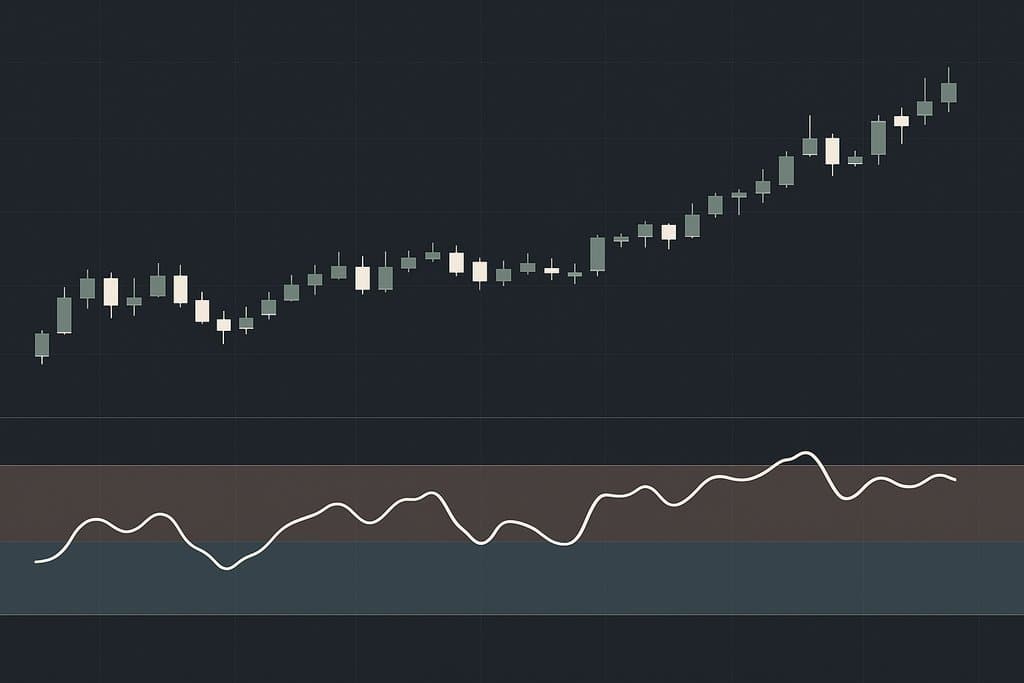 Minimalist trading chart with two panels: candlestick price series above, a smooth RSI oscillator line below.