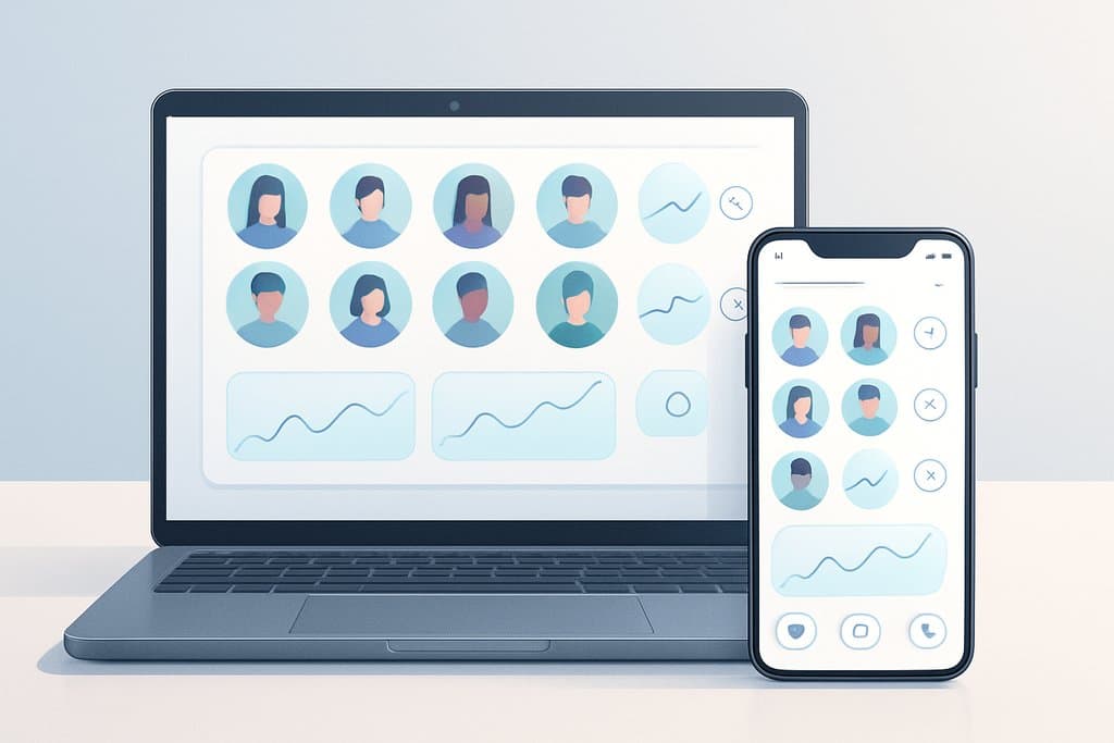 Clean, modern fintech-style illustration of a social trading platform shown on both a laptop and a smartphone placed on a neutral desk.
