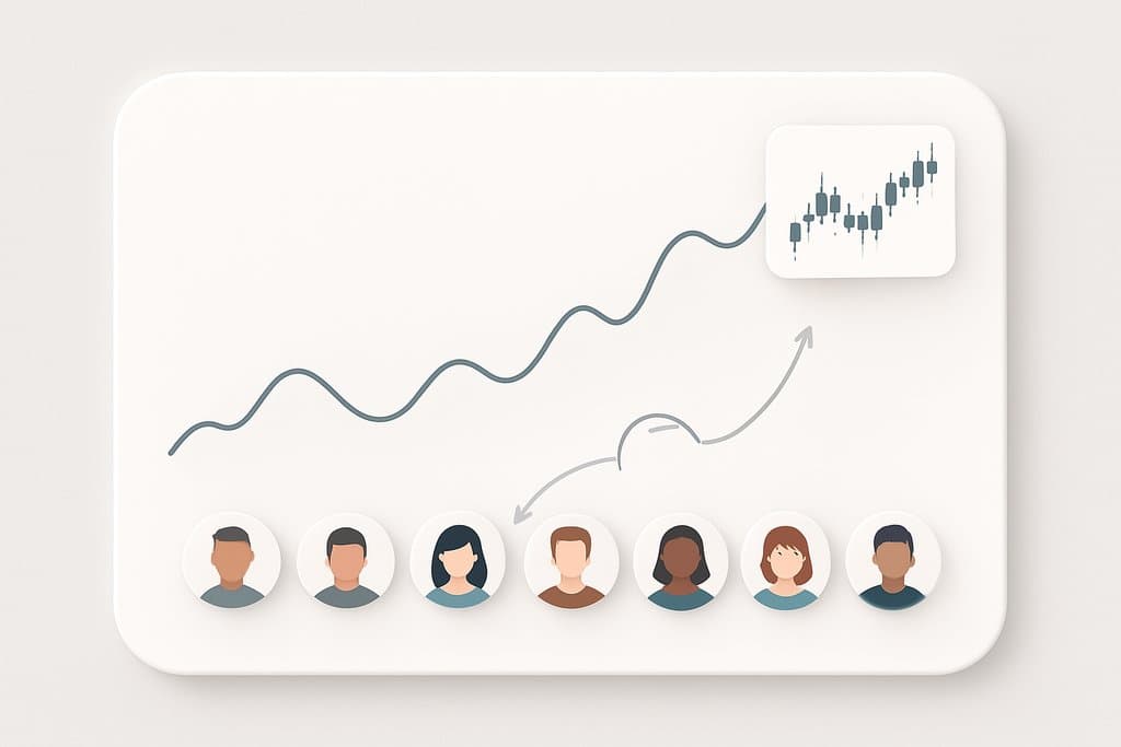 Clean, modern desktop-style interface concept for a social trading platform: a central minimalist line chart with smooth curves on a white background, a small candlestick mini-chart in one corner, and a horizontal row of circular trader avatars beneath the chart.