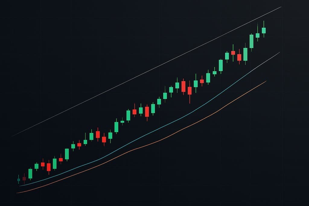 A clean, minimalist hero image of a financial candlestick chart on a dark, subtle grid background.