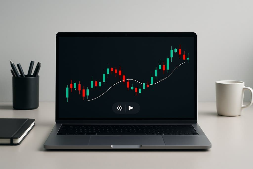 A modern, minimalist workspace scene showing a sleek laptop on a clean desk with a dark-mode trading chart: simple green and red candlestick bars and a smooth moving average line.