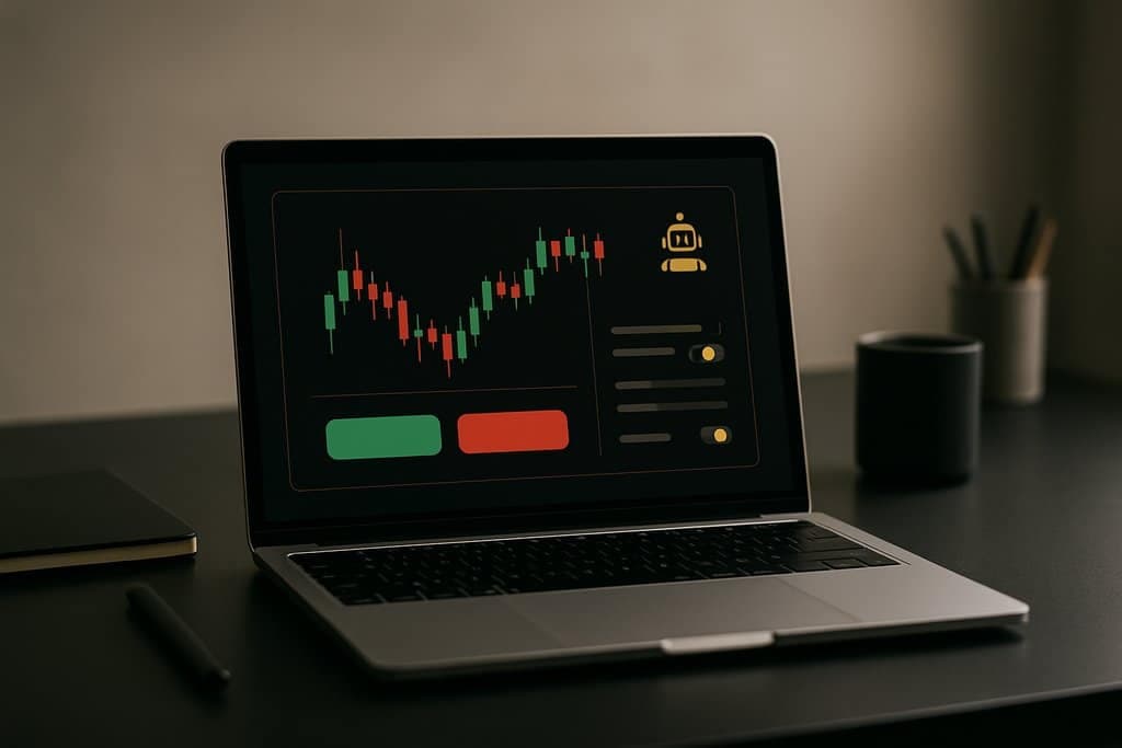 Minimalist workstation scene: an open laptop on a clean dark desk displays a crypto trading interface with a black-and-gold theme.