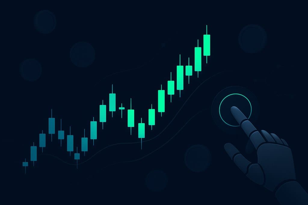 Minimalist dark-mode illustration of a sleek crypto trading interface: a clean candlestick chart with softly glowing teal and neon-green candles on a navy background, subtle moving average lines, and a semi-transparent robotic hand reaching toward a circular action button.