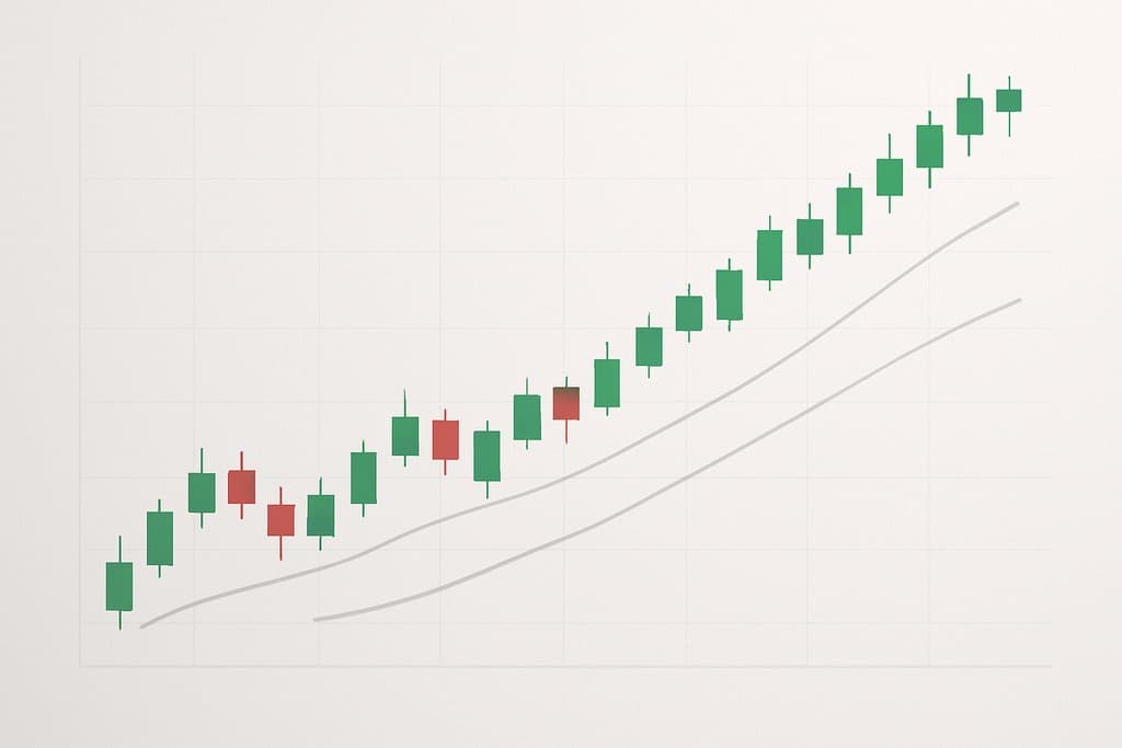 A clean, minimalist candlestick chart showing a clear uptrend: alternating bullish (green) and bearish (red) candles with wicks, two smooth moving-average lines gently crossing beneath the price, and faint unlabeled axes with subtle gridlines.