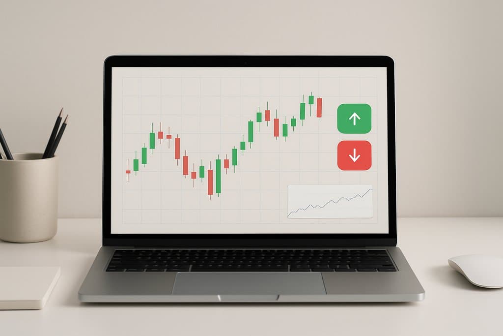 Photorealistic, minimalist desktop scene with a laptop displaying a trading simulator interface with a candlestick chart and side panel.