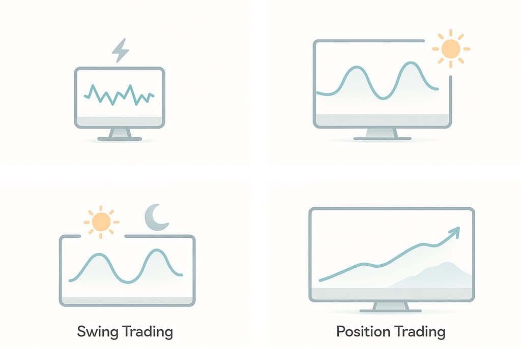 Minimalist four-panel illustration showing common types of trading, each with a clean white background and a soft-colored chart line.